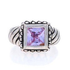 Sterling Silver Purple Cubic Zirconia Solitaire Ring - 925 Princess Etched Sz 6