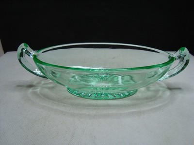 Vintage Vaseline Green Depression Glass Candy Dish with handles.