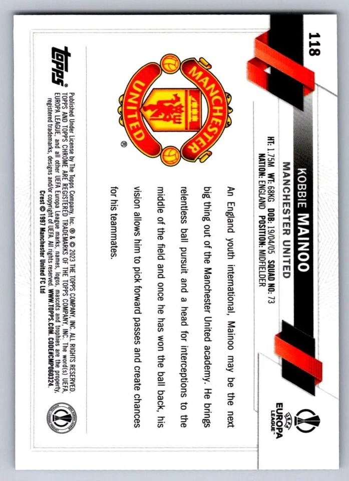 Kobbie Mainoo 2022 Topps Chrome Sapphire Edition UEFA Club Competitions Rookie - Image 2 of 2