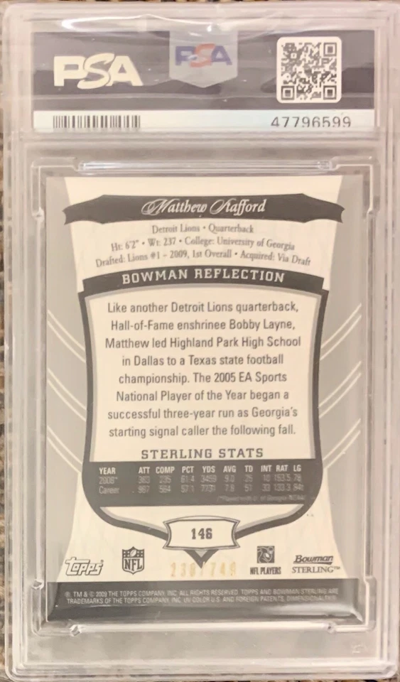 Camiseta deportiva Bowman Sterling #146 2009 Matthew Stafford PSA 10/749 Rookie RC POP 5 Foto 2 de 2