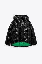 Zara Shiny Black Vinyl Oversized Padded Puffer Jacket Coat Size Xs Uk 8