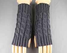 Dk Grey Gray cable knit arm warmer fingerless gloves warmers open thumb texting
