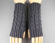 Dk Grey Gray cable knit arm warmer fingerless gloves warmers open thumb texting