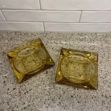 Vintage Mid Century Yellow Amber Glass Square Ashtray Home Decor Art MCM X 2