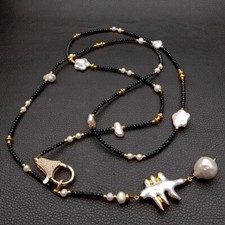 Natural rondelle Black Spinel natural Pearl Long Necklace Keshi Pearl pendant