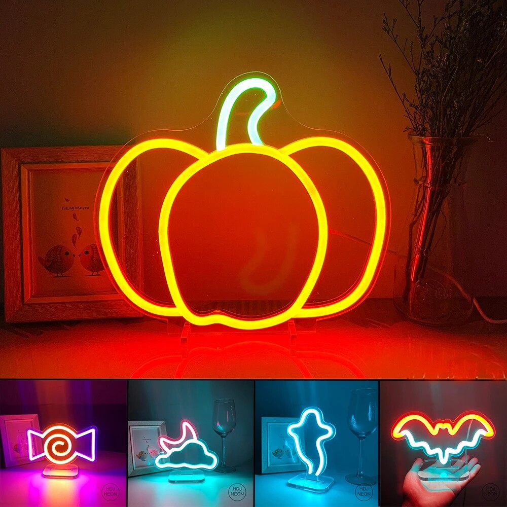 Halloween USB Table Lamp with Neon Pumpkin Candy Ghost Bat OMG Sign for Spooky Home Decor-image