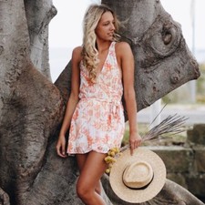 Morrisday Women's Tropical Heat Mini Wrap Dress, Size M Coral White NWT