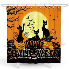 HALLOWEEN Shower Curtain Drape Black Cat Scary Pumpkin Bat Waterproof Fabric New