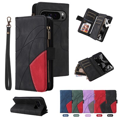 For Google Pixel 9 Pro 8A 7 8 Pro 7A Zipper Leather Wallet Card Case Strap Cover