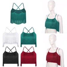 Womens Latin Belly Dance Tops Practice Crop Top Tassels Stage Spaghetti Straps