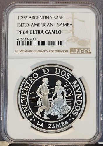 1997 ARGENTINA SILVER 25 PESOS DANCE LA ZAMBA NGC PF 69 ULTRA CAMEO SCARCE