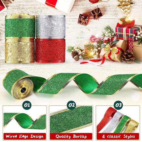 4 Rolls 24 Yard Glitter Wired Edge Ribbons 1.5 Inch Christmas Wrapping Ribbon... - Picture 2 of 7