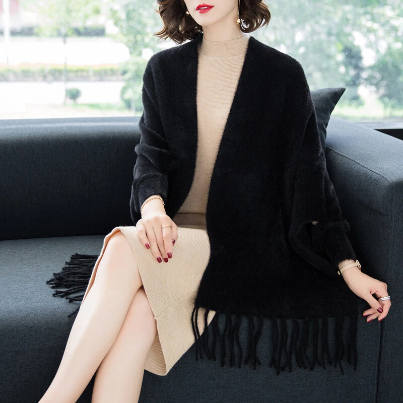 Womens Cape Poncho Outwear Warm Elegant Faux Fur Tassel Sleeves Shawl Cloak Coat - Image 4 of 4