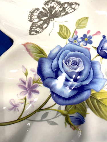 Butterfly Shaped Candy Dessert Appetizer Plate White w/ Blue Roses 8 3/4 x 7 in. - Picture 2 of 5