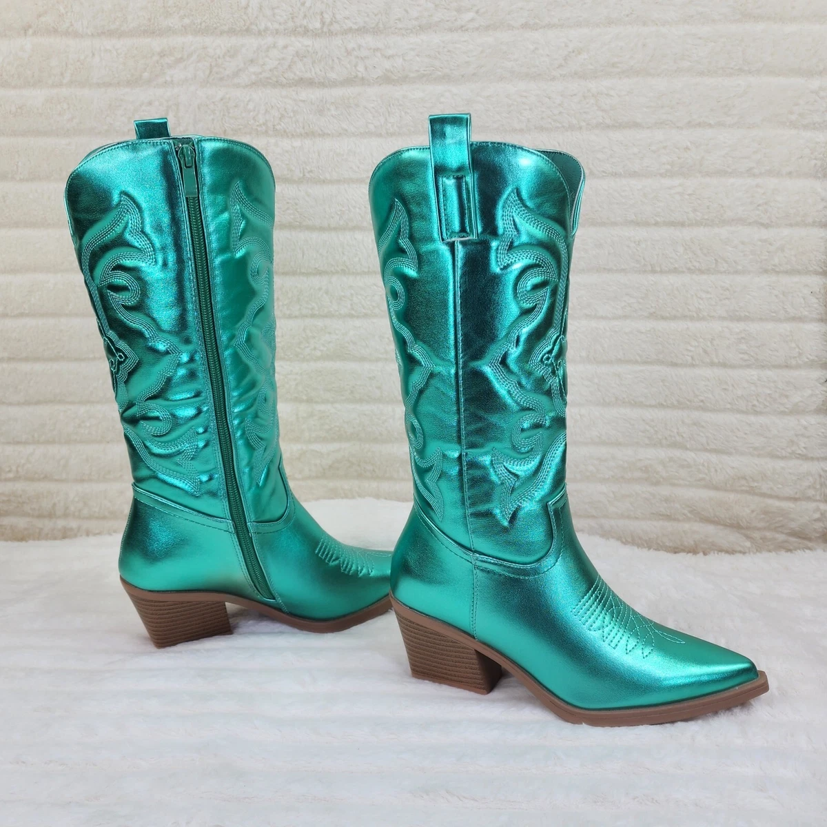 enlazar frágil Silicio Disco Cowgirl Metallic Green Cowboy Knee Boots Western Block Heels US Sizes  | eBay