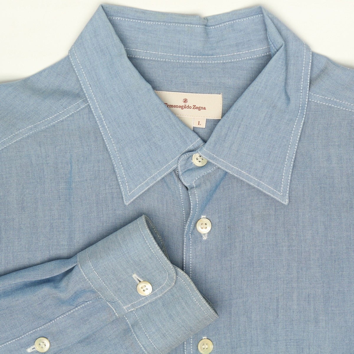 トップス Ermenegirdo Zegna Rayon Ganadine Shirts Ermenegildo Zegna Mens Shirt L 17.5/38 Solid Blue Rayon Button