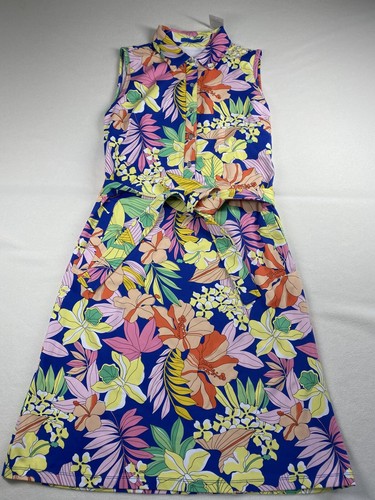 J McLaughlin Sleeveless Dolly Dress XL Blue Multi Hibiscus Catalina Cloth NWT - 第 1/14 張圖片
