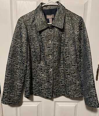 Chicos METALLIC TEAL GOLD WHITE Button Down Collared JACKET BLAZER NWT SZ 1