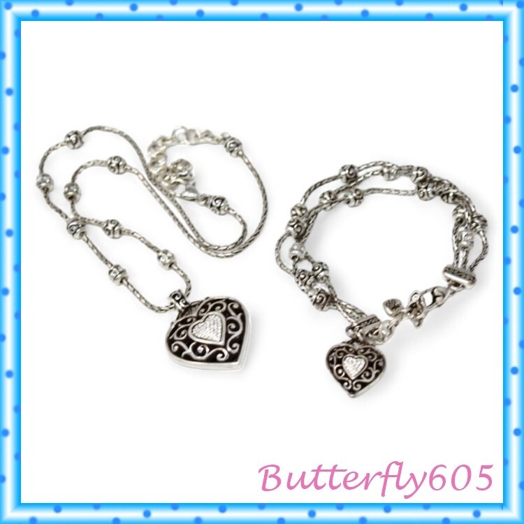Brighton Reno Heart Necklace Bracelet Silver Crystal Set Pouch