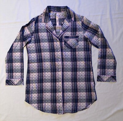 VICTORIAS SECRET S flannel sleepshirt night gown pink navy plaid dots button up