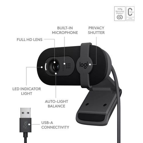 Logitech Brio 101 Full HD 1080p Webcam Auto-Light Balance ~ Brand New With Seal! - Afbeelding 6 van 9