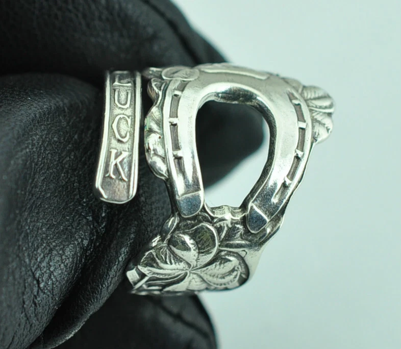 Твердое серебро 925 пробы четыре листа клевер подкова регулируемая ложка кольцо - Изображение 3 из 4