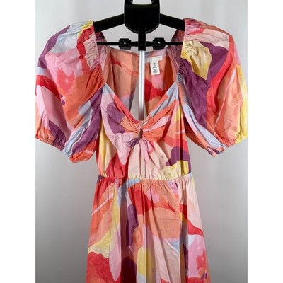 orange and pink puff sleeve dress Umgee Floral Print Tiered Midi Dress Pink & Orange Puff Sleeve Dress with Pockets