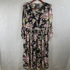 VTG Starina Black Floral Rayon Button Boho Whimsigoth Fairy Midi Dress S India