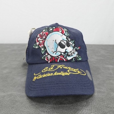 Ed Hardy Trucker Hat Cap One Size Navy Christian Audigier Skull Roses Rhinestone