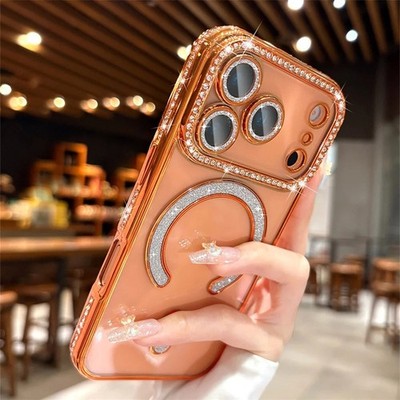 For iPhone 17 16 15 14 13 12 Orange Bling Diamond Mag Safe Lens Protector Case