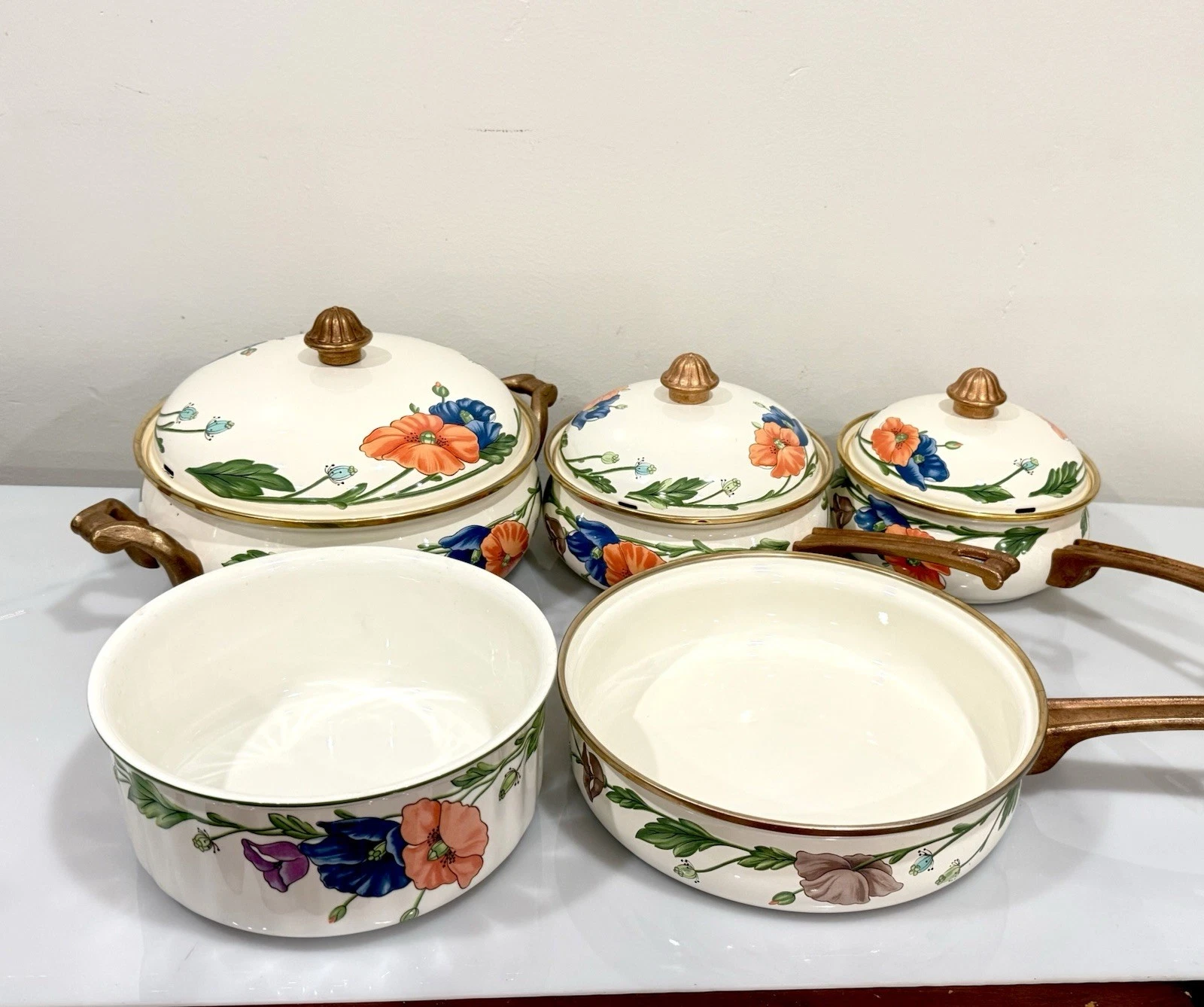5 Pc SET Vintage Villeroy & Boch Enameled Covered Pan Pot Germany Metal Ceramic