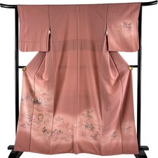 Japanese Silk Kimono M 164cm Pink Kasamatsu Lined Gold thread 6015413