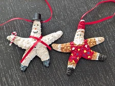 (2) Real Starfish Hand Painted Christmas Ornaments Coastal Santa & Snowman 4" W