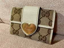GUCCI Key Case Holder Heart Beige White GG Monogram Canvas Leather Authentic
