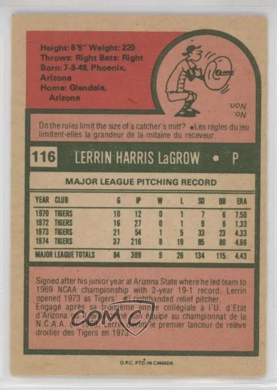 1975 O-Pee-Chee Lerrin LaGrow #116 - Image 2 of 2
