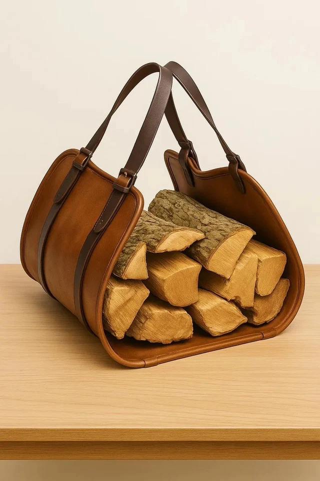 Portador de troncos de cuero, portador de leña, accesorio de chimenea de cuero, hecho a mano Foto 3 de 4