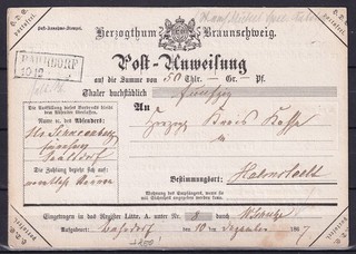 BRAUNSCHWEIG 1867 Post Anweisung Bahrdorf n Helmstedt / Interessant !!!
