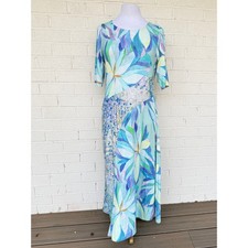 Soft Surroundings Floral Maxi Dress Medium Blue Green SS Stretch Resort Vacation