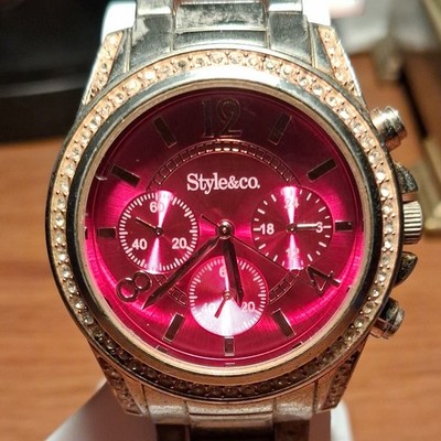 Style & Co. Chronograph Wristwatch Pink Dial Silver Metal Bracelet Analog