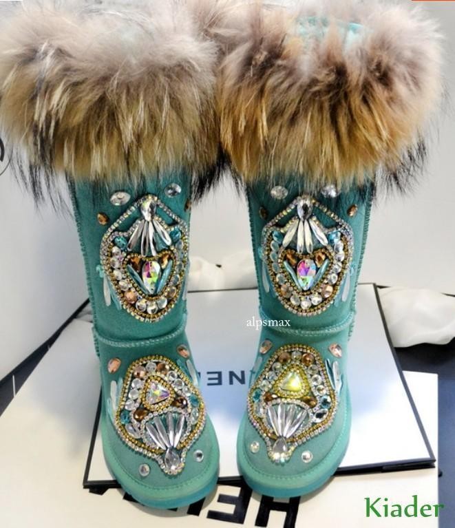 Women's Winter Thick Snow Warm Boots Real Leather Fur Rhinestone Decor Shoes