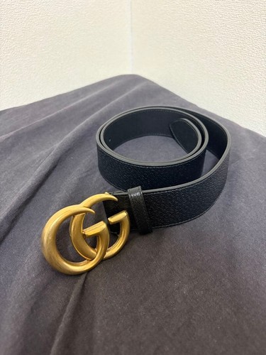Gucci Mens Black Wide Double G Gold Tone Buckle Leather Dress Belt Size 85