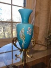 Fenton Glass Landmark Collection Vase W/Stand turquoise birds and flowers Signed
