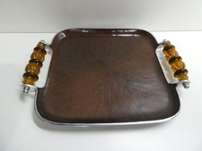VINTAGE POLISHED ALUMINIUM ENAMEL SERVING TRAY ACRYLIC GILT WIRE HANDLES