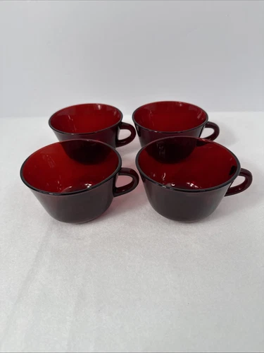 (4) Ruby Red Glass Coffee Cups Mug Vintage Anchor Hocking