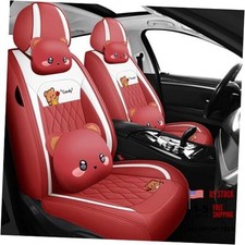 Cartoon Bear Car Seat Cover 5 Set For Girl Women With Pu Leather For Wine Red
