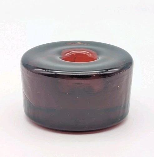 Blenko Vintage Art Glass Red Candle Taper Holder Round Hockey Puck Style Chunky