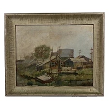 SIGNED VINTAGE INDUSTRIAL RIVER SCENE LANDSCAPE OLD ANTIQUE OIL PAINTING