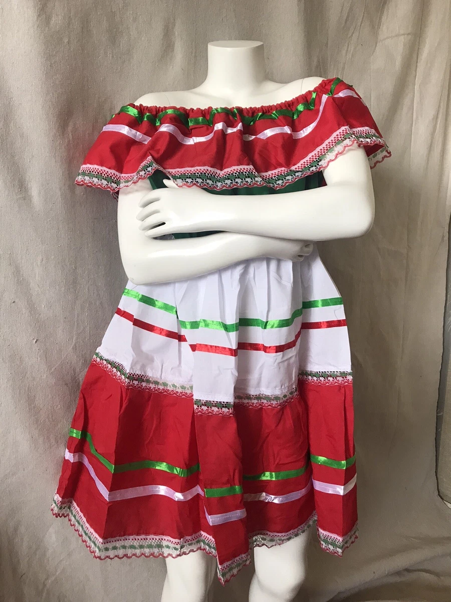Mexican Flag Themed Embroidered W Lace Trim Off The Shoulder Cotton Dress Mexico