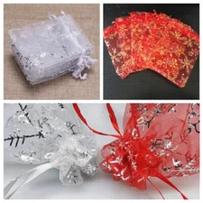 100Pcs Snowflake Christmas Organza Drawstring Pouch Sheer Party Favor Gift Bags