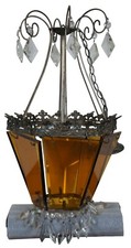Mid Century Hollywood Regency Amber Glass Drop Crystal Pendant Light MCM Retro